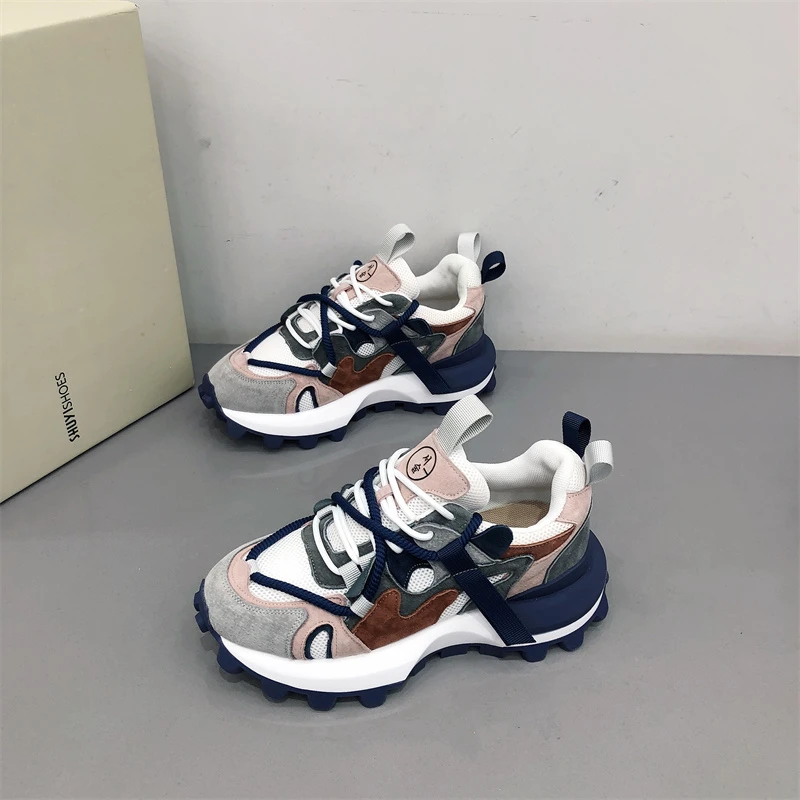 2024年夏季新款系带圆头阿甘鞋真皮厚底潮流透气休闲运动老爹鞋女