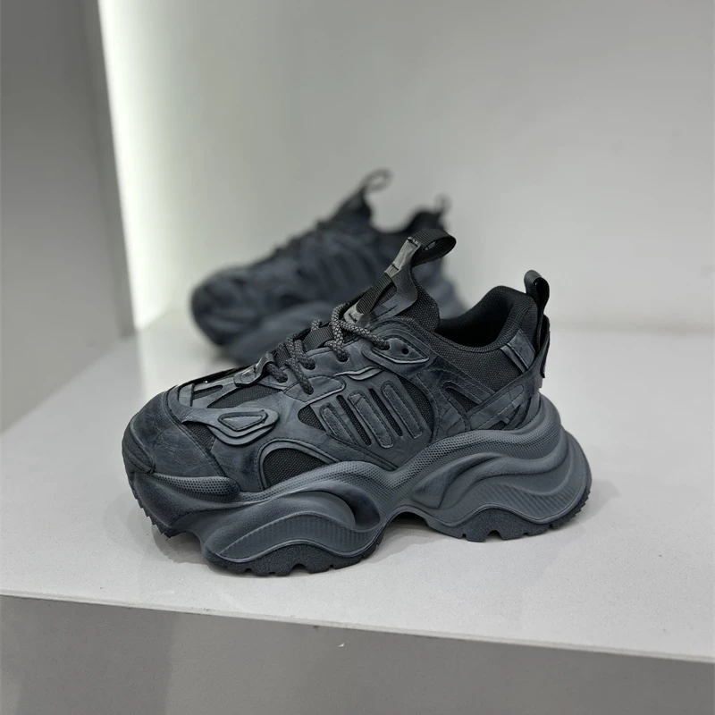 欧洲站2024年秋季新款厚底增高复古休闲鞋真皮时尚运动老爹鞋女潮