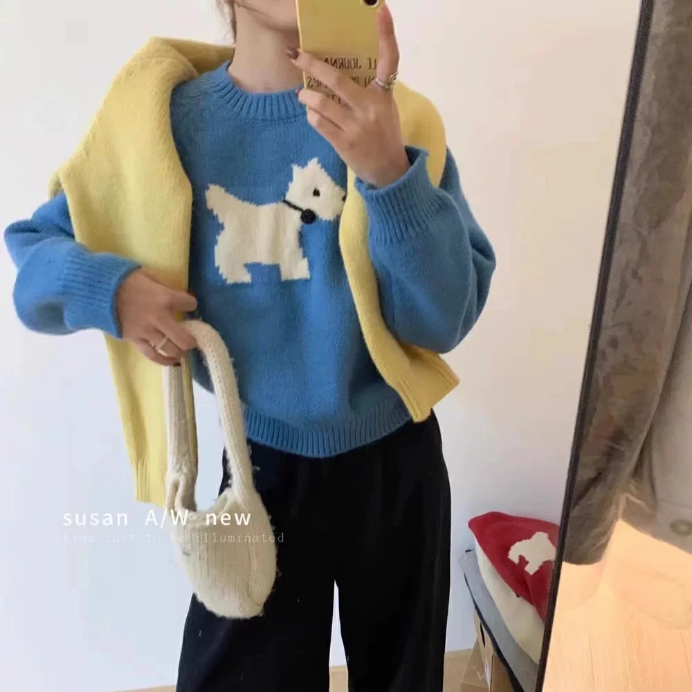 【娜家】599蓝色杏色藏青小狗立体项链卡通圆领加厚狗狗提花毛衣