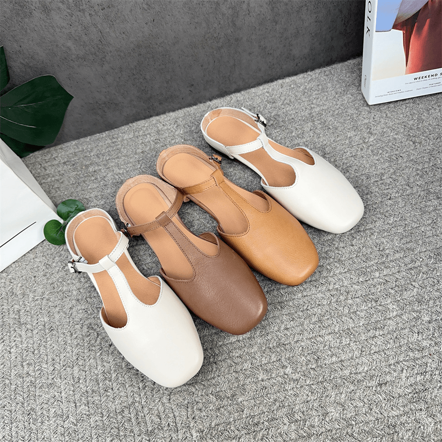 2024夏季新款头层牛皮圆头丁字带金属搭扣休闲包头凉鞋真皮女鞋