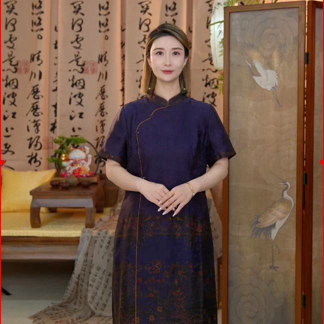 田新家100%桑蚕丝新中式设计手工定位七彩丹凤旗袍连衣裙(X2128)