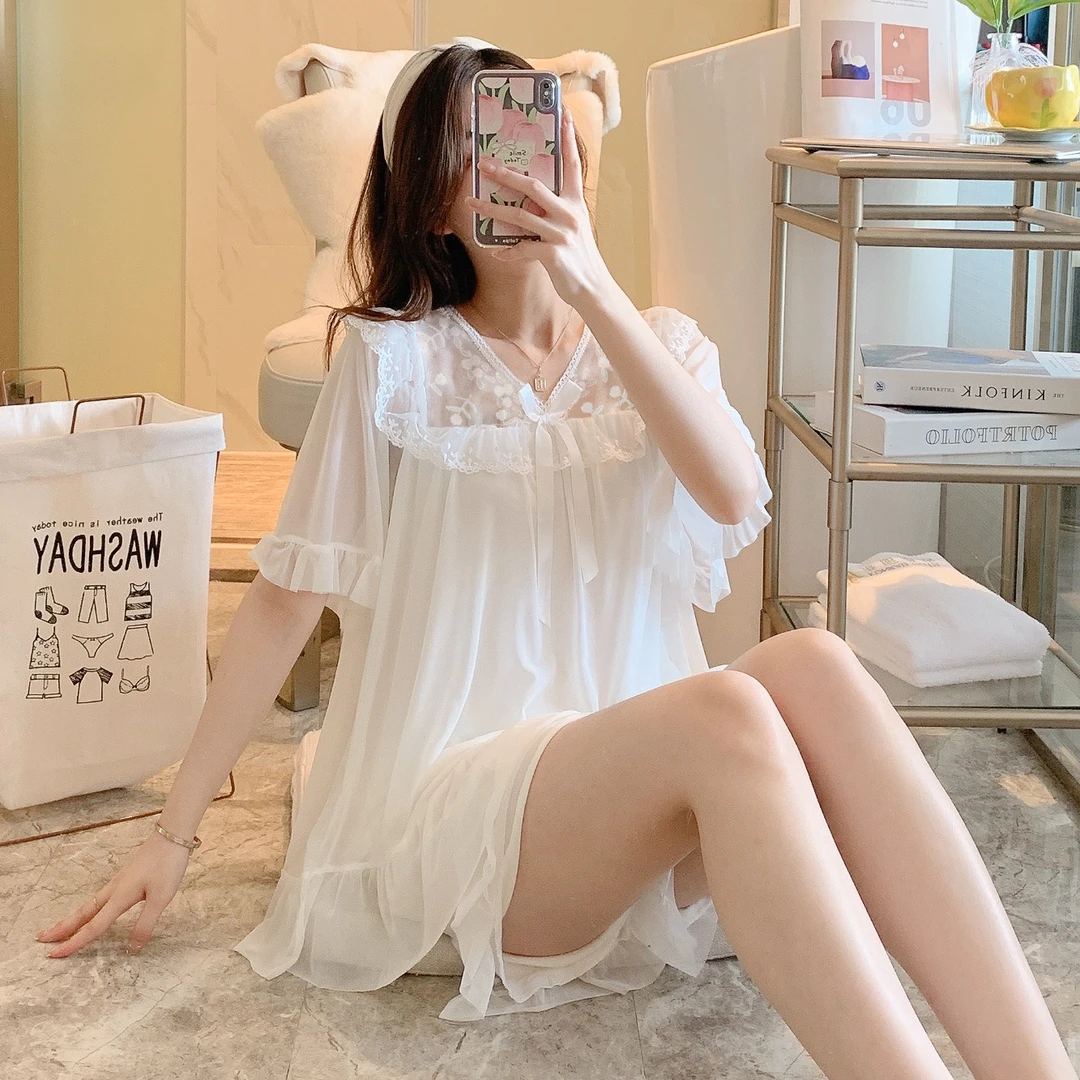 夏季新款蕾丝网纱睡衣女公主风甜美夏天家居服套装661