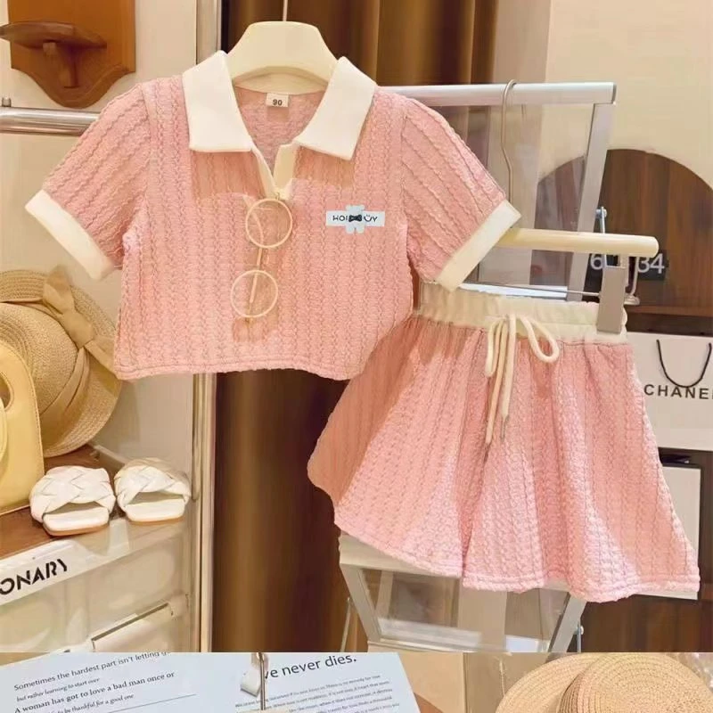 夏季新款女童套装POLO领包边短袖短裤甜美女宝宝两件套网红打底衫