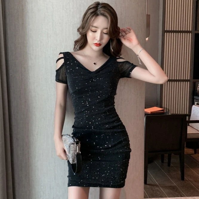 2024秋新款夜场女装V领低胸修身显瘦紧身包臀露肩性感夜店连衣裙