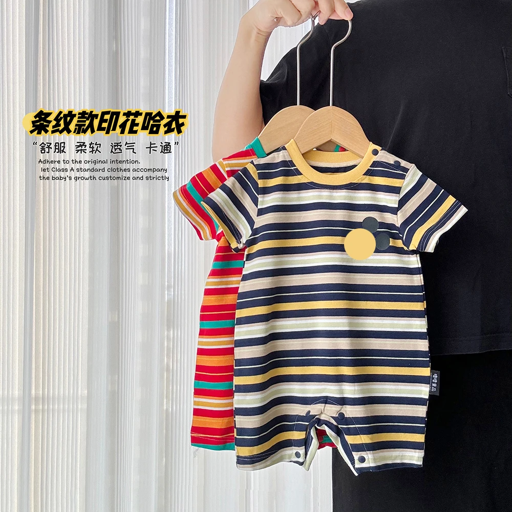 婴儿连体衣男女宝宝透气舒服条纹印花夏季薄款短袖哈衣小月龄爬服