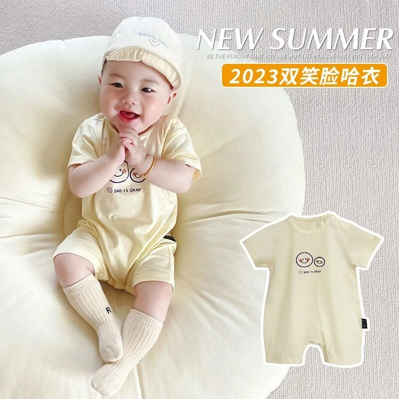 韩国宝宝宽松洋气卡通连体哈衣婴幼儿薄款短袖ins风包屁衣爬爬服