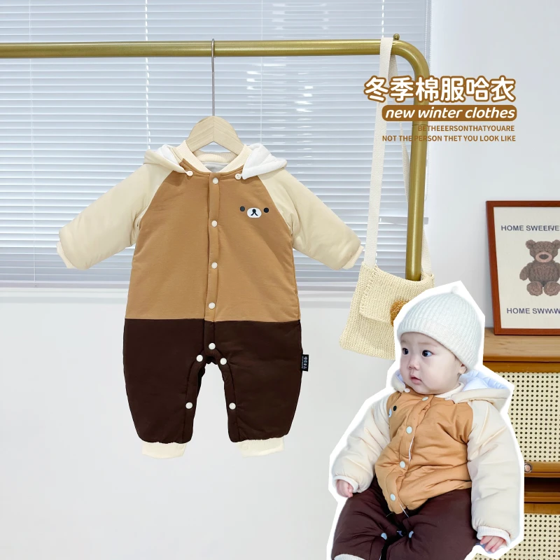 ins韩国婴儿哈衣冬季装连帽可拆宝宝爬服加厚棉服外出小熊连体衣