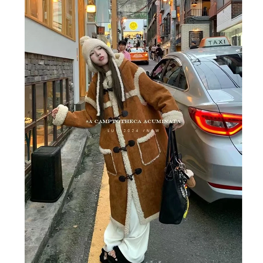 【♠优选】冬季大码胖mm保暖毛毛加厚外套高品质长款牛角扣环保大衣