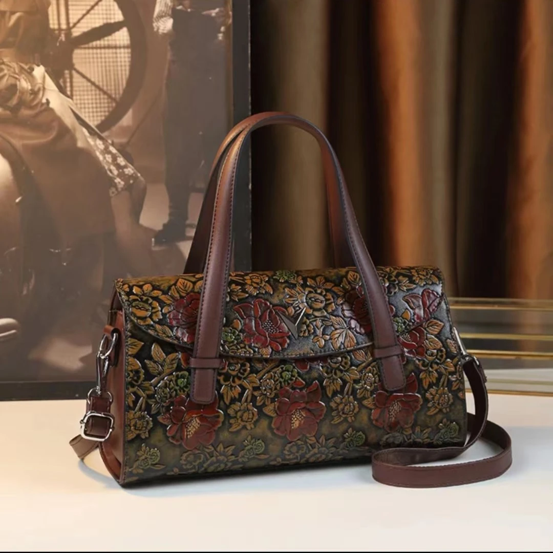 手绘复古女包雕花手提包中年妈妈包花开富贵