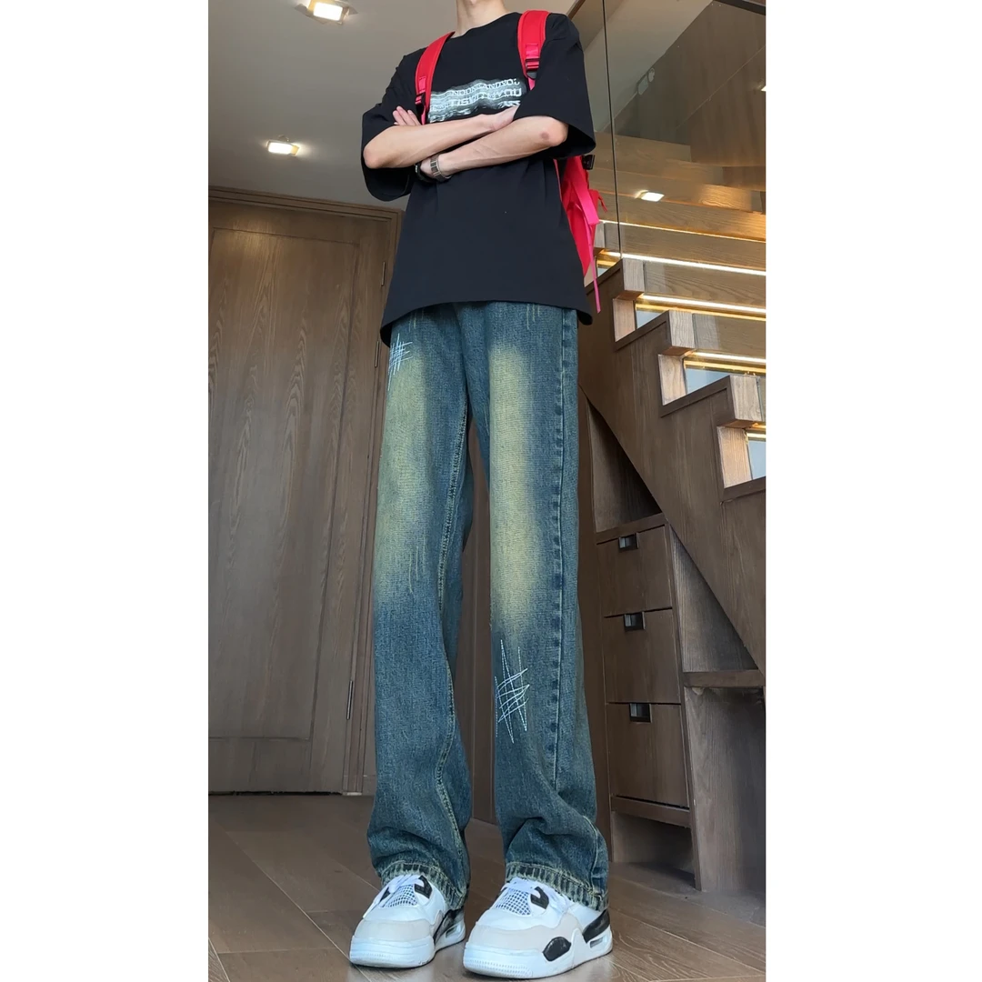 夏季爆款直筒刺绣牛仔裤男美式复古高街小众设计感百搭休闲直筒裤