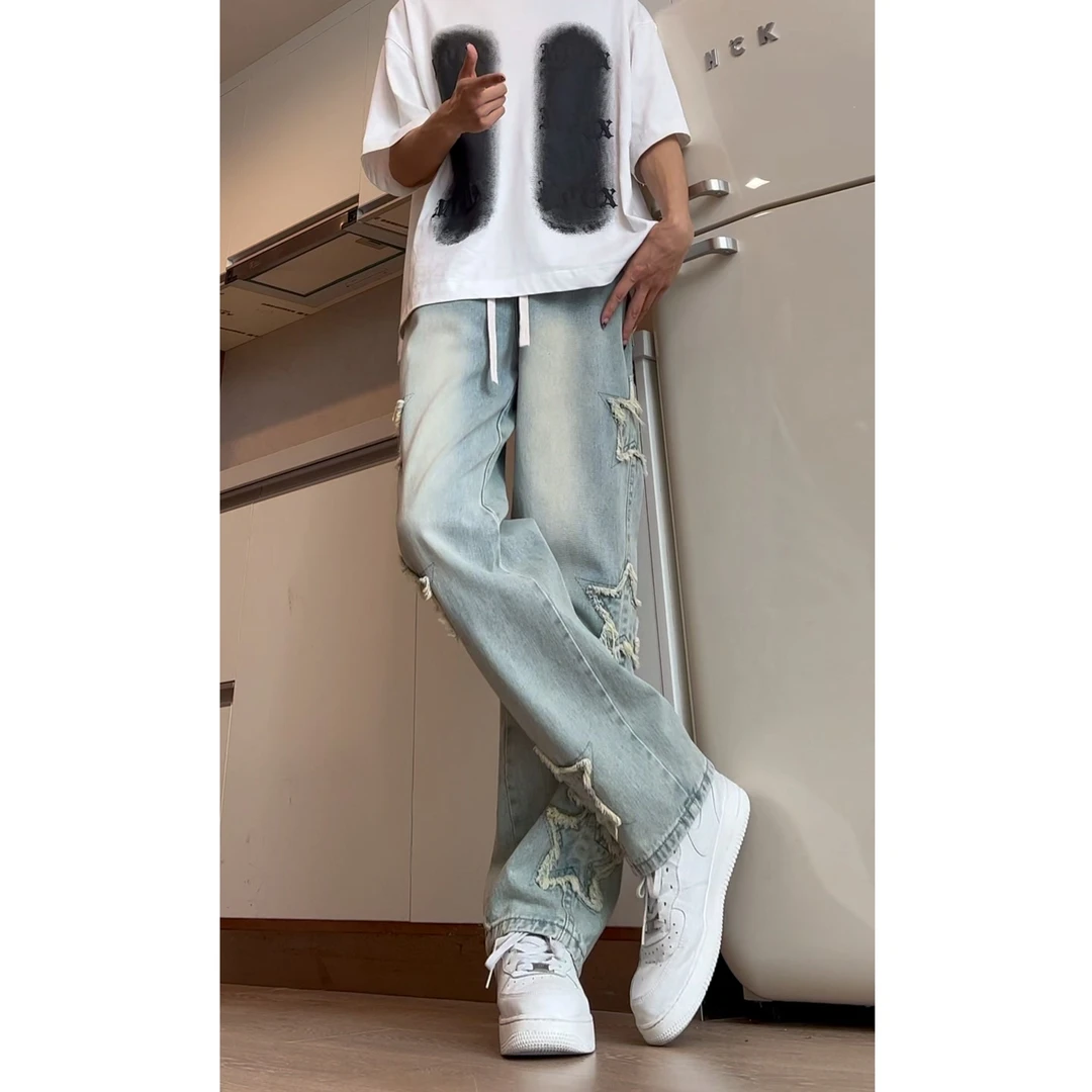 美式设计感百搭高街宽松破洞抽绳美式潮流直筒牛仔裤ins百搭宽松