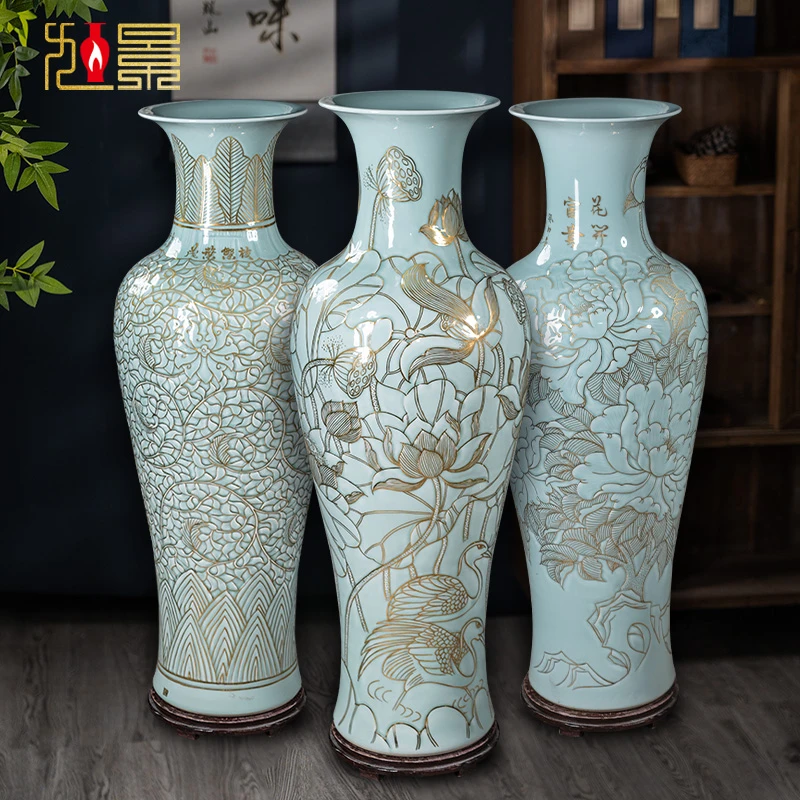 景德镇陶瓷器花瓶雕刻描金手绘影青瓷落地客厅公司大摆件开业送礼