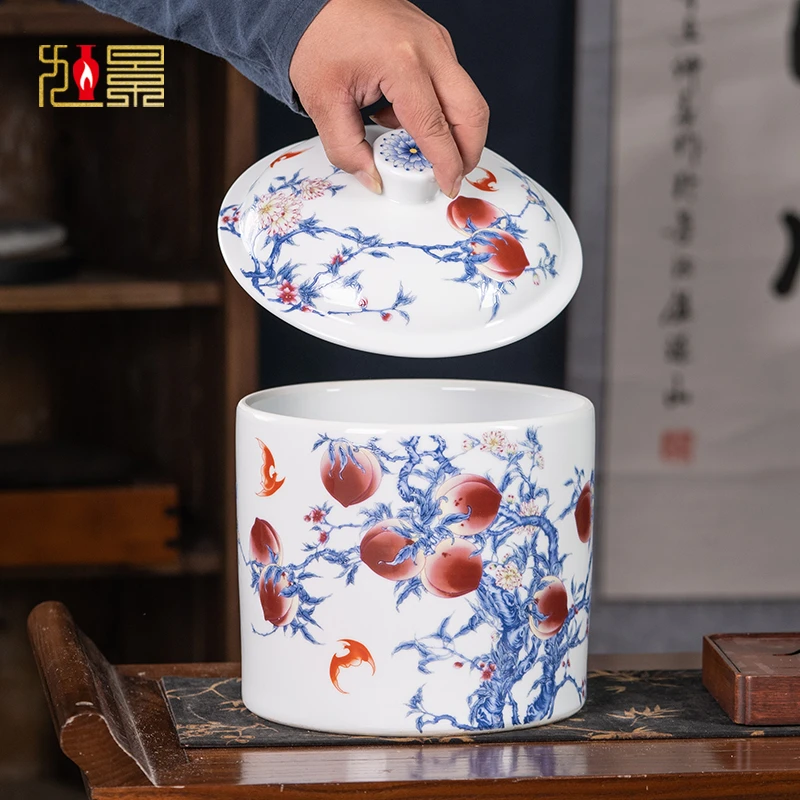 景德镇陶瓷器粉彩九桃茶叶罐带盖储物罐新中式台面家居装饰品摆件