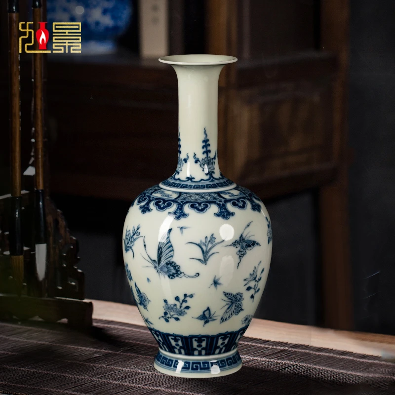 钟家窑复古陶瓷花瓶景德镇青花瓷柴窑蝴蝶纹瓷瓶餐桌客厅瓷器摆件