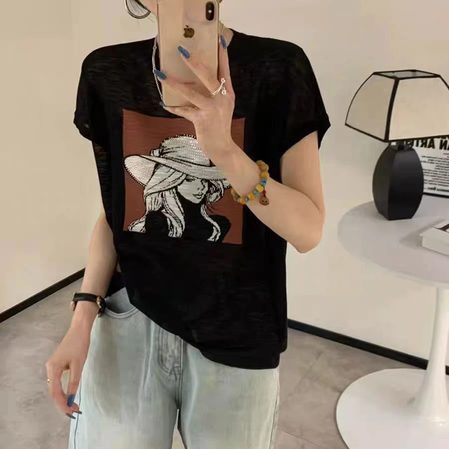 【263天丝女孩提花】时尚针织衫短袖夏款薄款上衣百搭纯色夏季