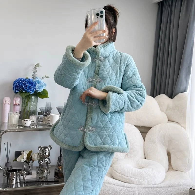 pinkgrape三层加厚冬季女士睡衣可外穿甜美家居服套装