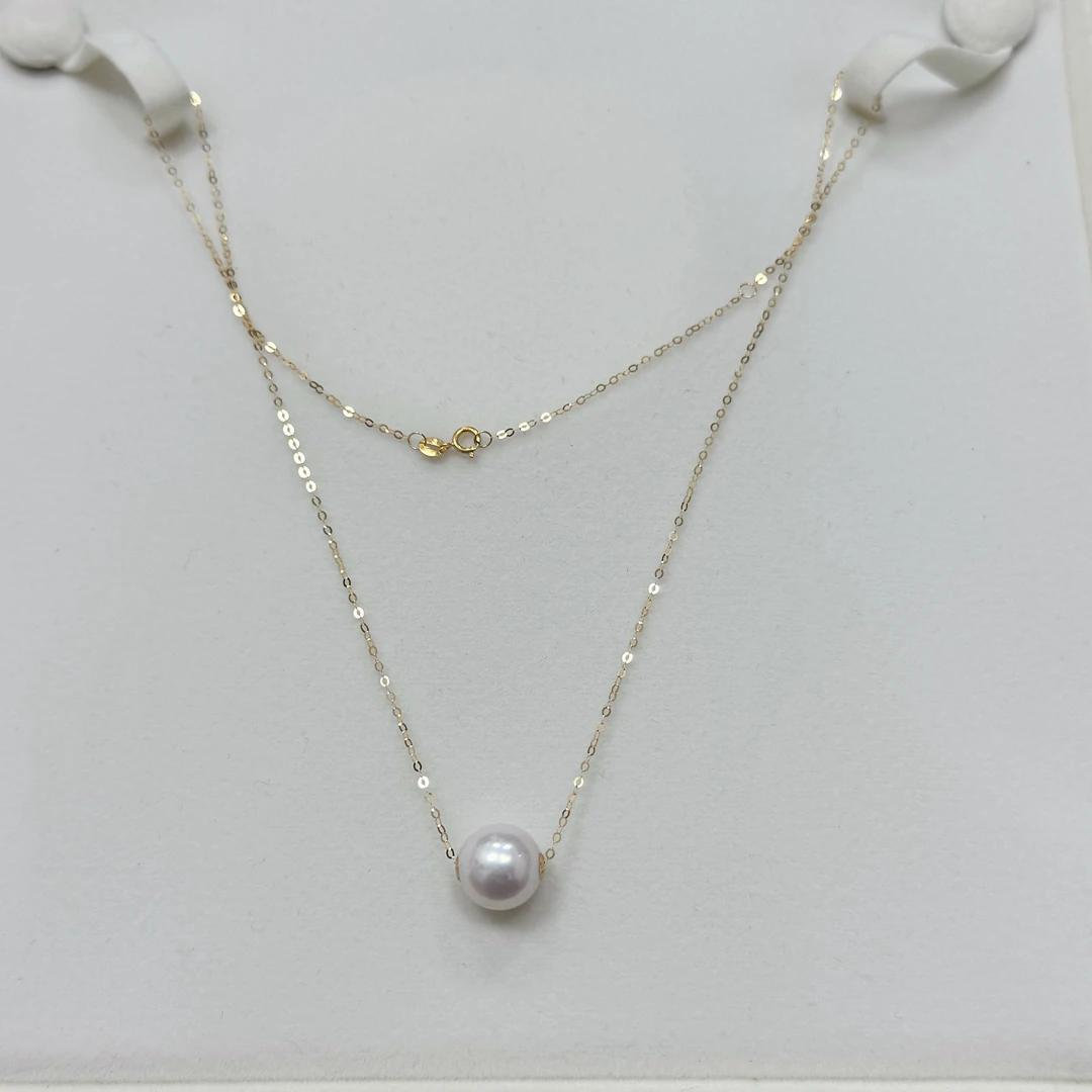18K金路路通+白色淡水珍 珠时尚项链颈链吊坠极光正圆百搭