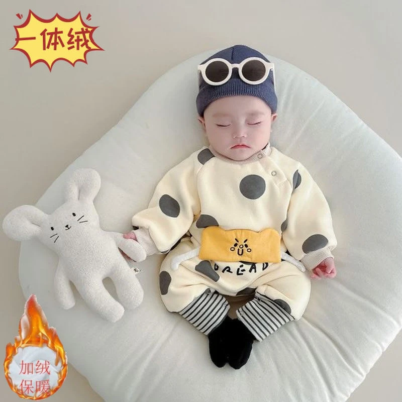秋冬季加绒加厚保暖婴儿宝宝连体衣新生儿外穿哈衣一体绒长袖爬服