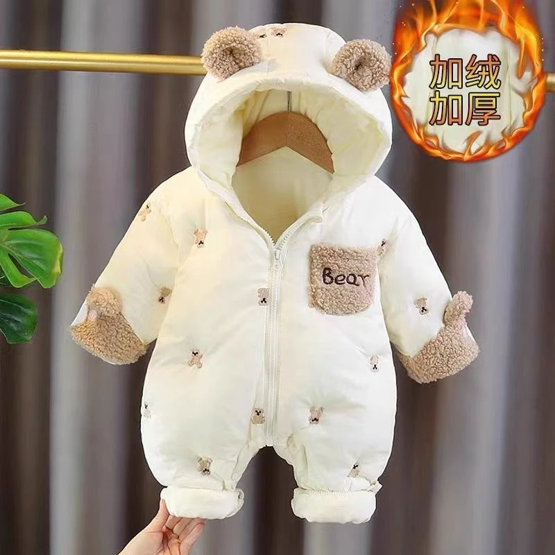 新款婴儿刺绣小熊冬季加绒加厚连体衣洋气男女宝宝外出服百天周岁