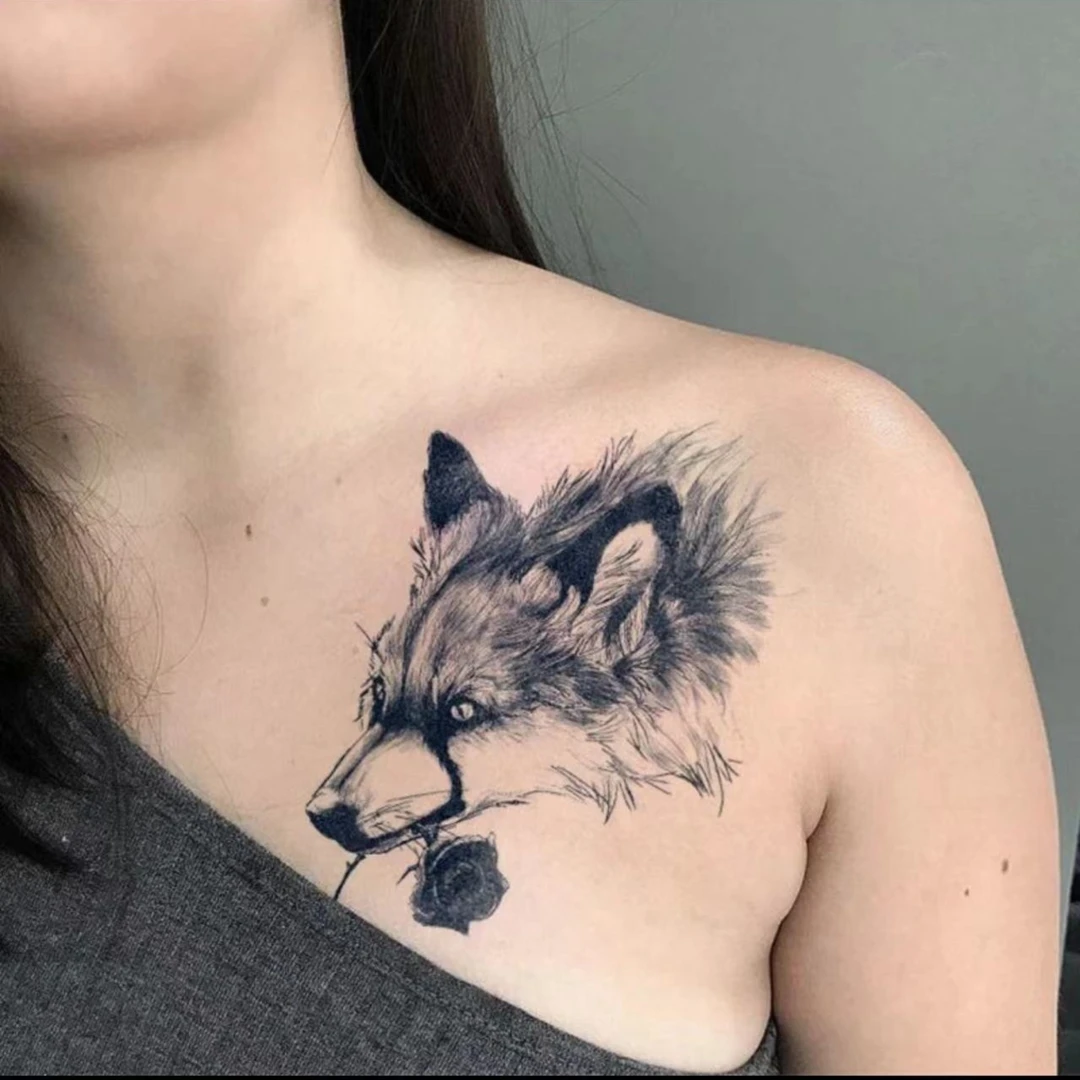 【狼叼玫瑰】国潮草本果汁植物纹身贴防水防汗逼真不反光半永久男士