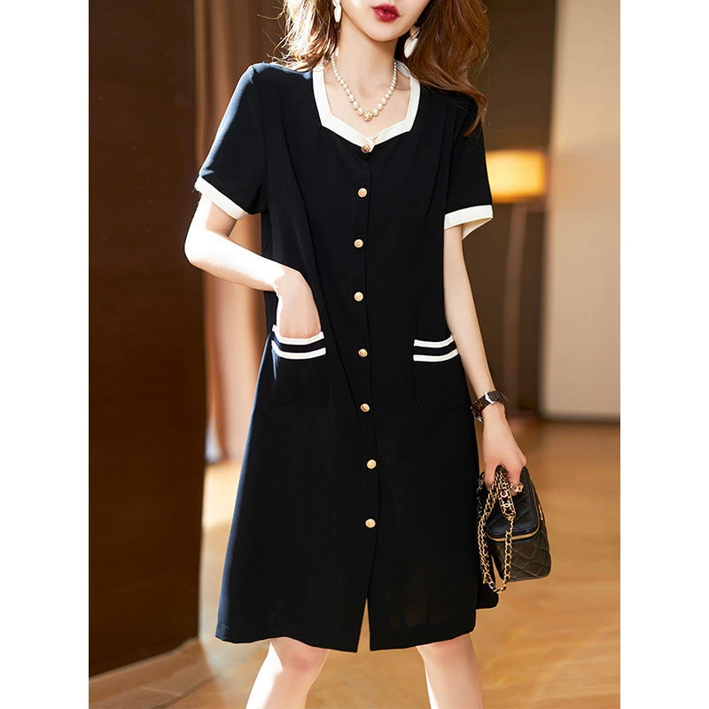大码女装胖mm2024夏季新款时尚气质百搭遮肉显瘦拼接黑色连衣裙子