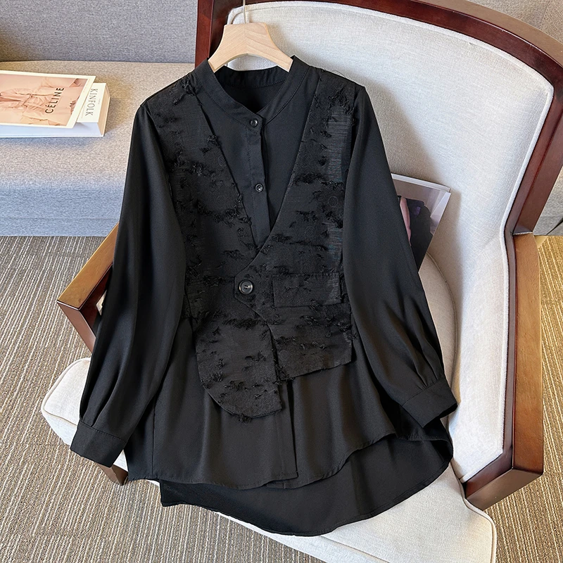 复古新中式假两件马甲衬衫女中长款2025春秋新款大码显瘦宽松上衣
