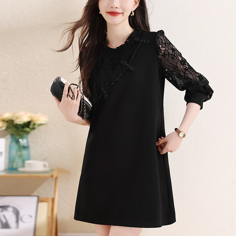 复古新中式蕾丝盘扣连衣裙女2025春秋新款大码宽松黑色显瘦中长裙