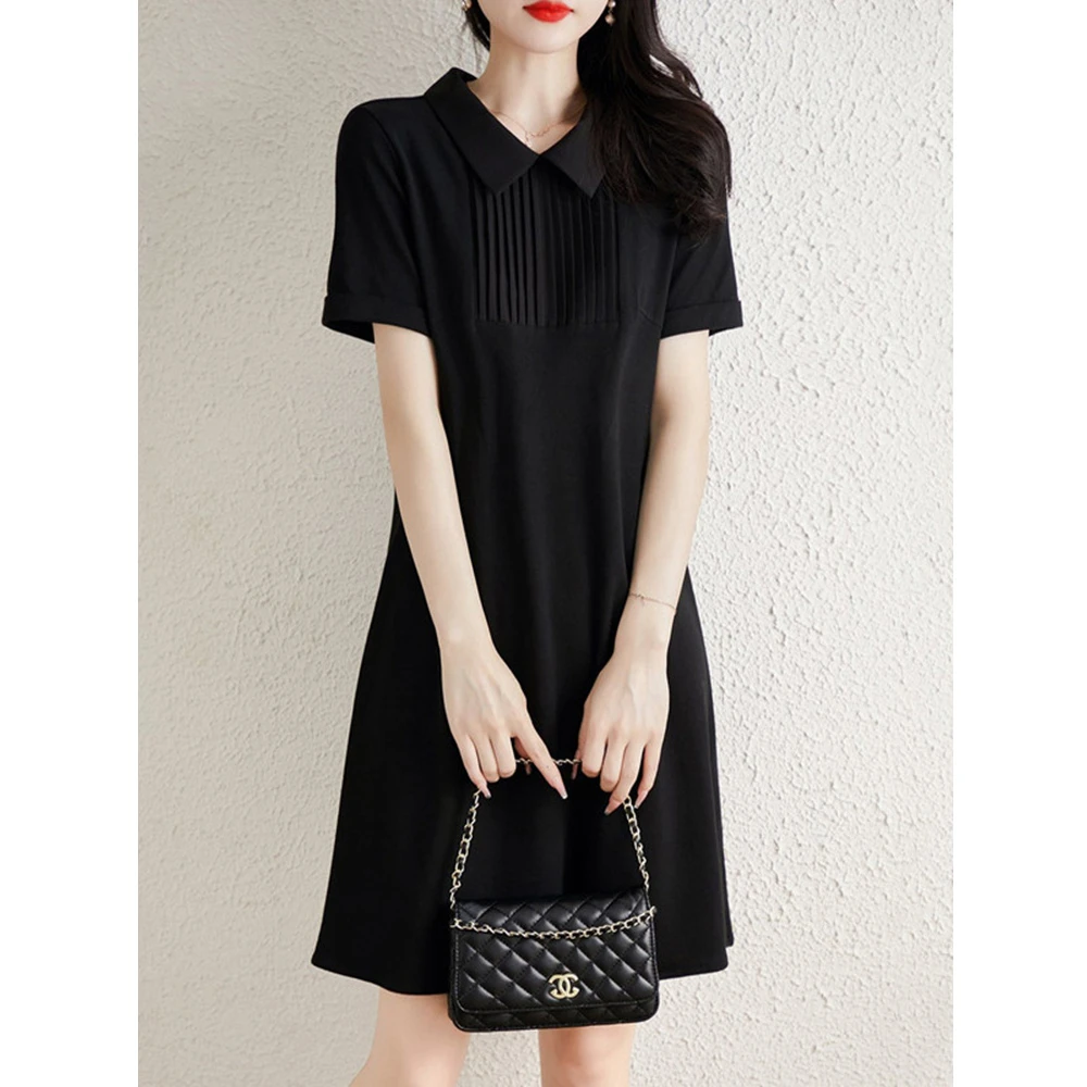 法式休闲翻领小黑裙女2024夏季新款大码高级感宽松气质显瘦中长裙