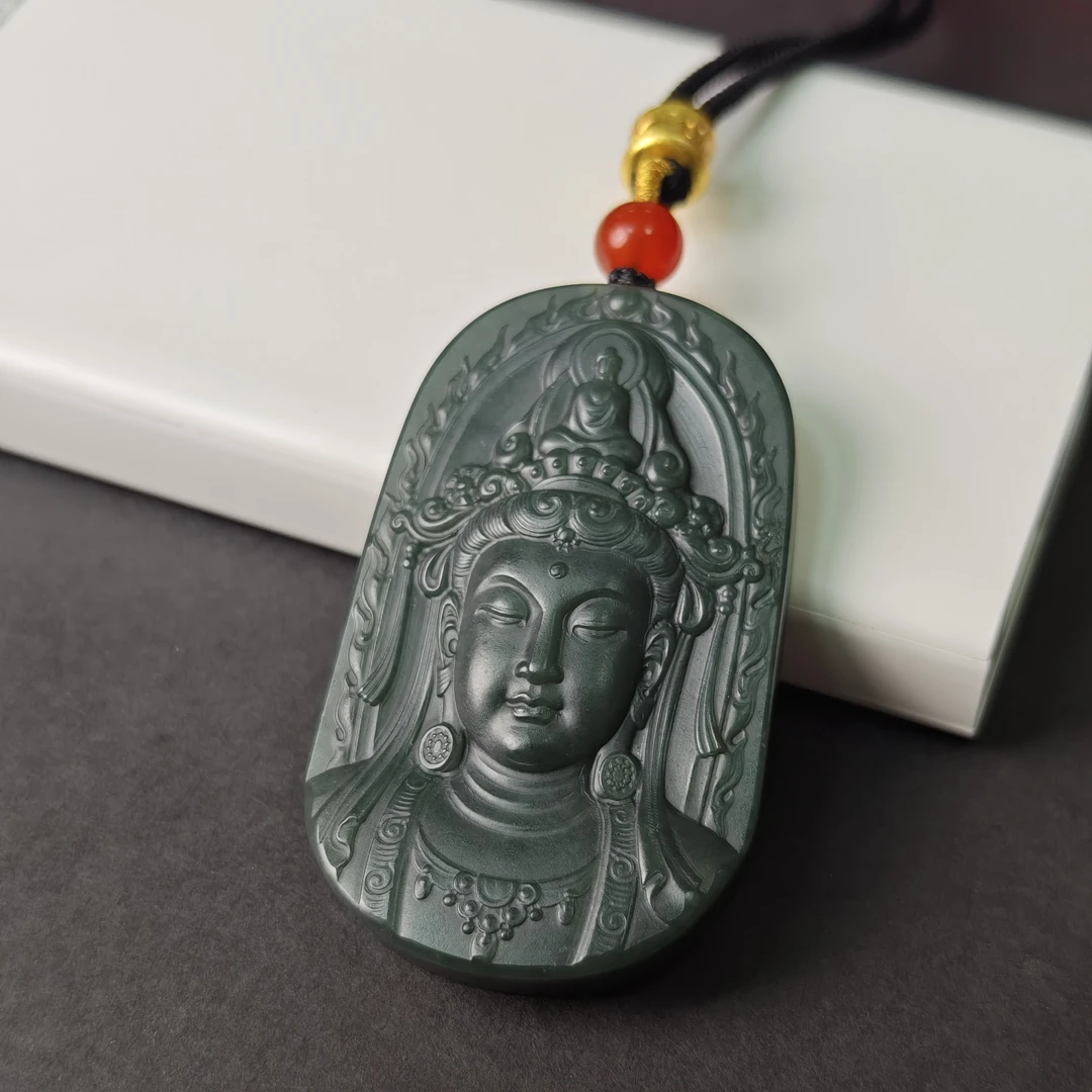 天然和田玉精美时尚雕刻观世音度母吊坠青玉挂件男女玉佩带证书