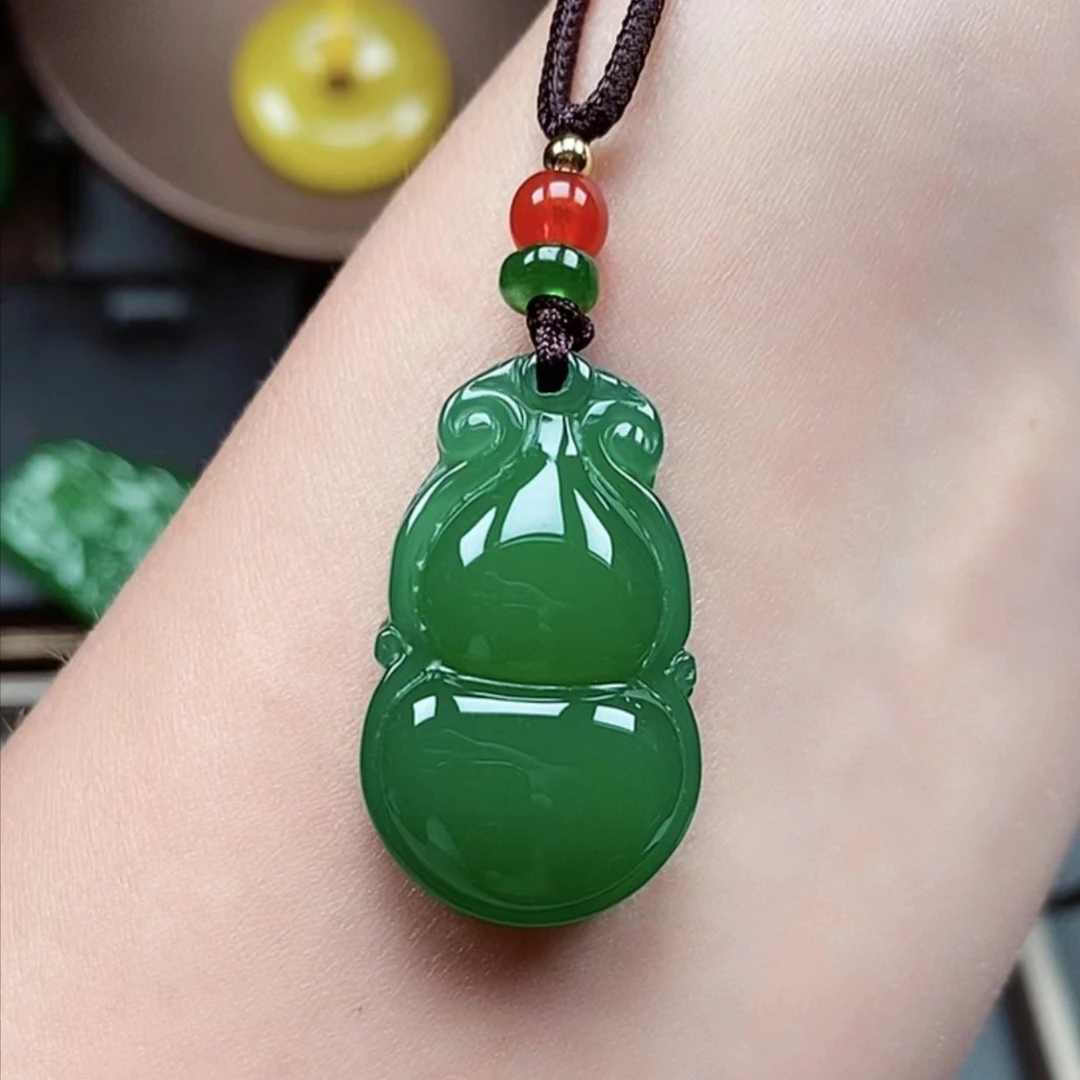 【双边葫芦】正品天然玉石、素绳款高档冰透水润天然玉髓项链吊坠01