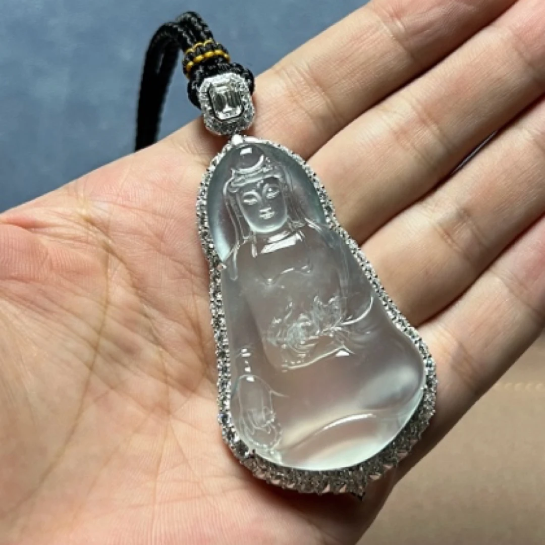 天然翡翠A货持莲观音菩萨造像挂件