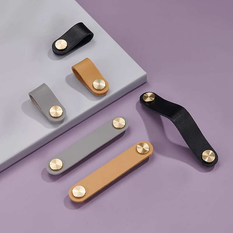 真牛皮衣柜门拉手隐形皮革皮质黄铜橱柜抽屉柜子儿童房软把手防撞