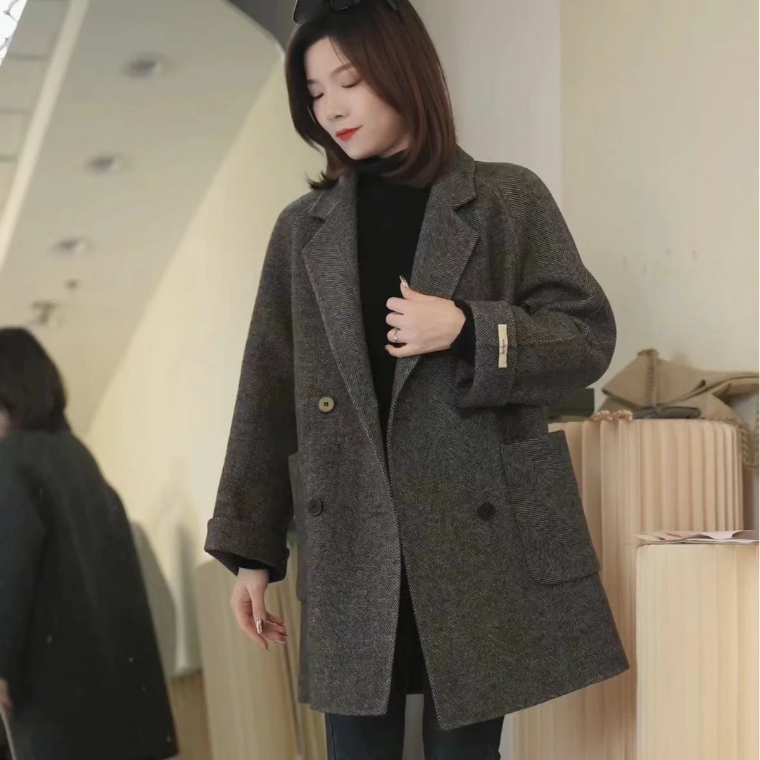 大衣双面2024（逅卫）四粒扣人字纹时尚双面呢大衣中长款百搭气质3