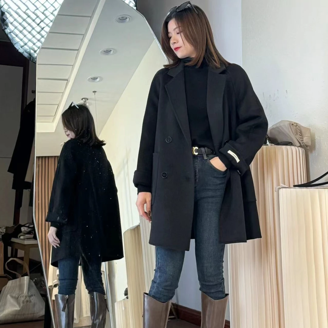 新款四粒扣中长款外套百搭双面呢大衣时尚百搭黑色厚大衣气质网红