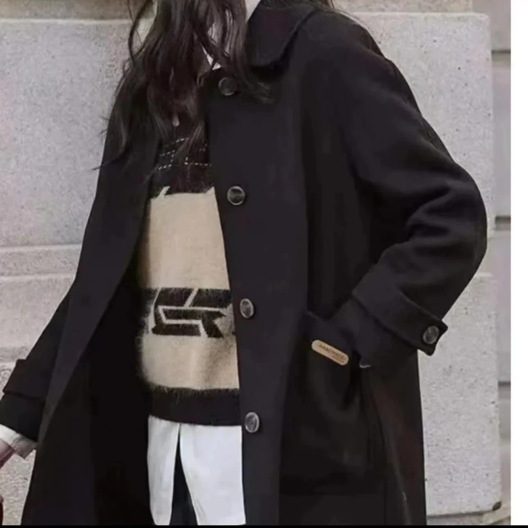 洋气新款袖口纽扣中长款小个子外套洋气时尚大衣休闲双面呢大衣3