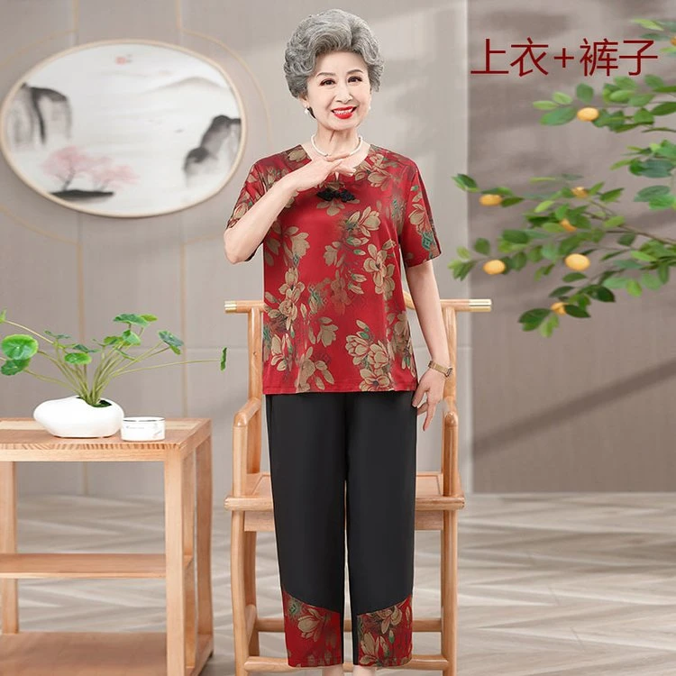 4030女装新中式休闲中老年人妈妈夏装冰丝套装T恤一套