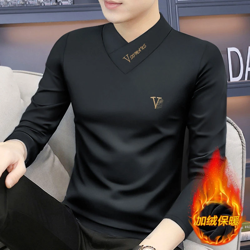 秋冬季新款男士长袖内搭打底衫T恤男款加绒加厚品质男装衣服-K4