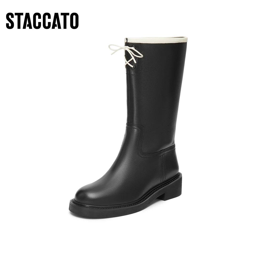 思加图冬季新款甜酷绑带桶桶靴骑士靴高筒长靴时装靴EZX06DS4