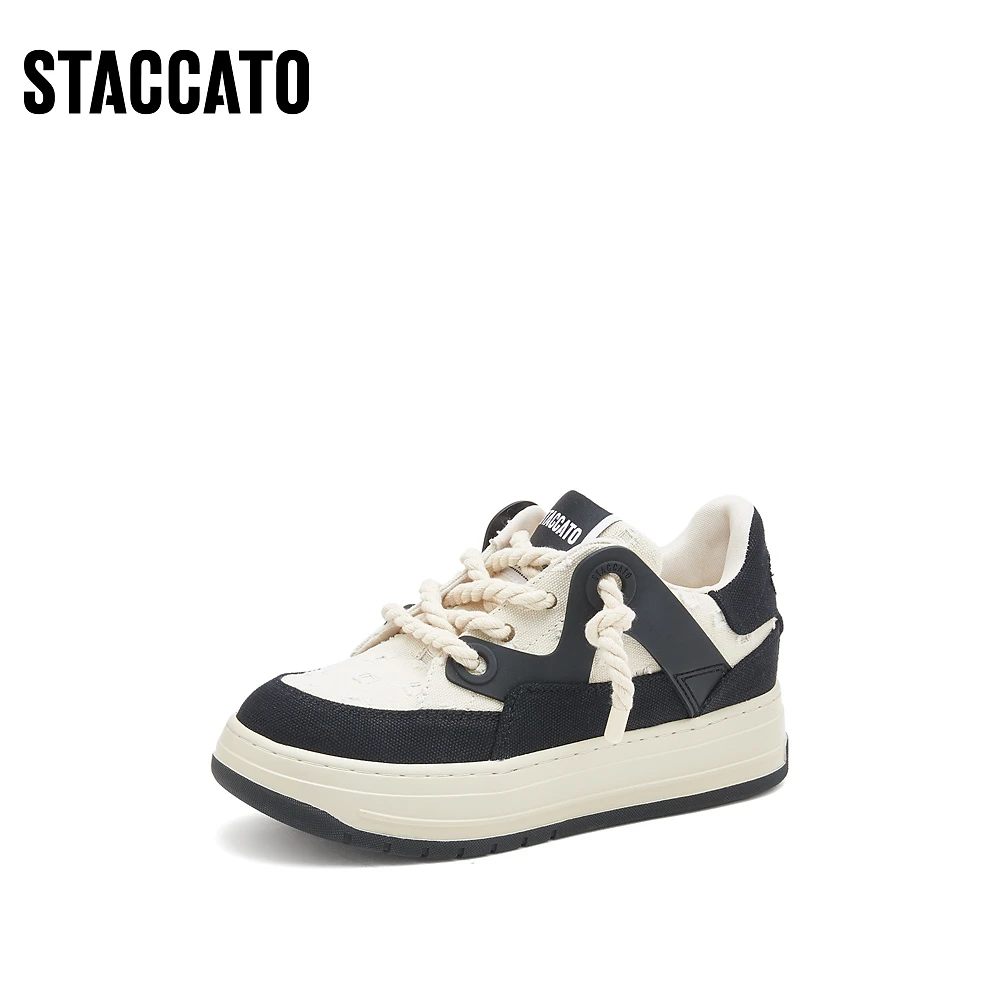 思加图黑白熊猫运动板鞋面包鞋编织鞋带厚底休闲运动鞋SEHF10AM3