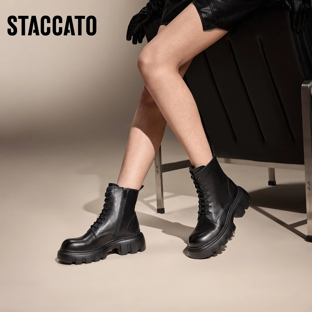 思加图冬季新款英伦风马丁靴奶油鞋短靴厚底增高女靴Y3918DD4