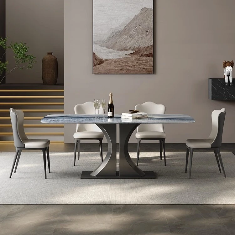 蓝鲸沙天然大理石意式轻奢高端现代长方形多功能饭桌简约创意实木