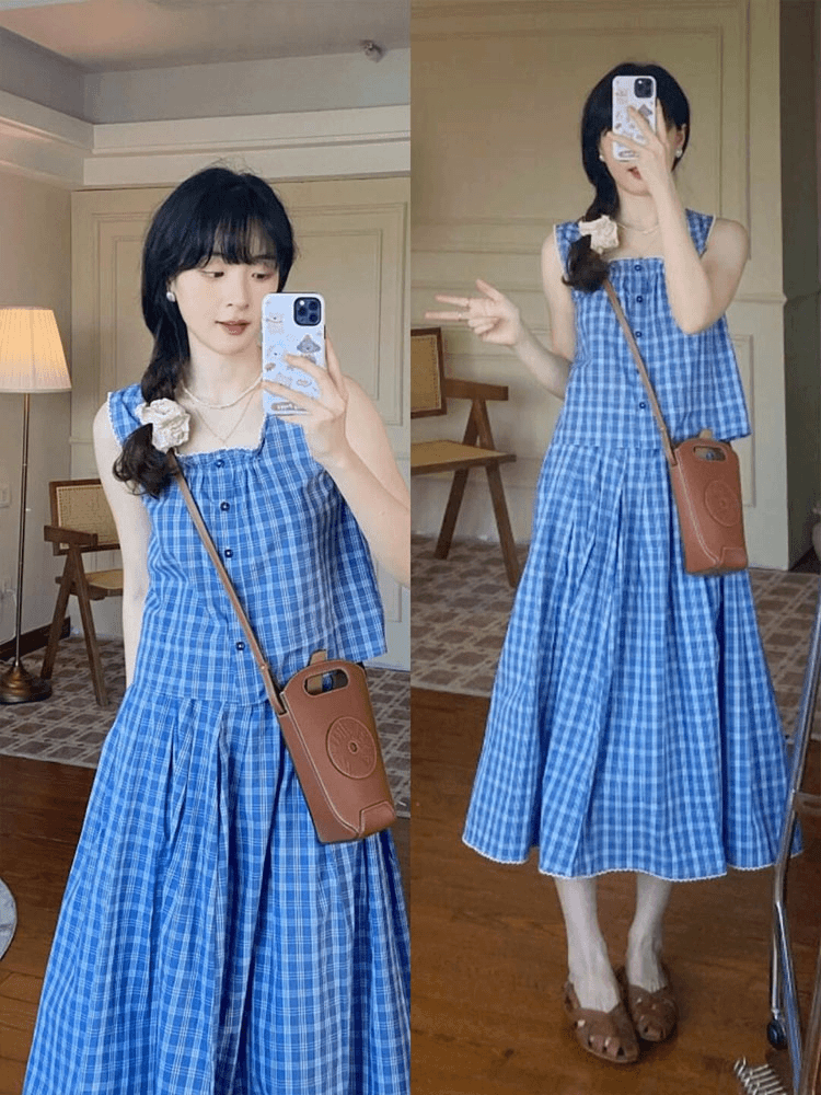 韩系温柔甜美格纹时尚减龄设计感上衣女休闲气质小众复古格子背心