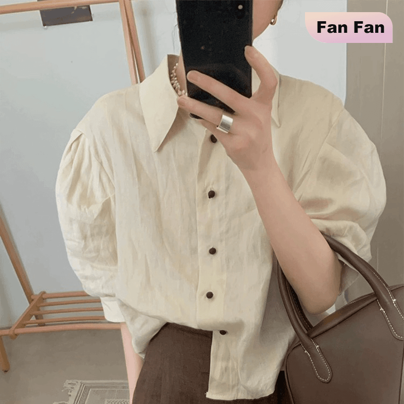 韩系气质短款衬衫温柔米杏色麻料百搭宽松显瘦廓形翻领半袖上衣女