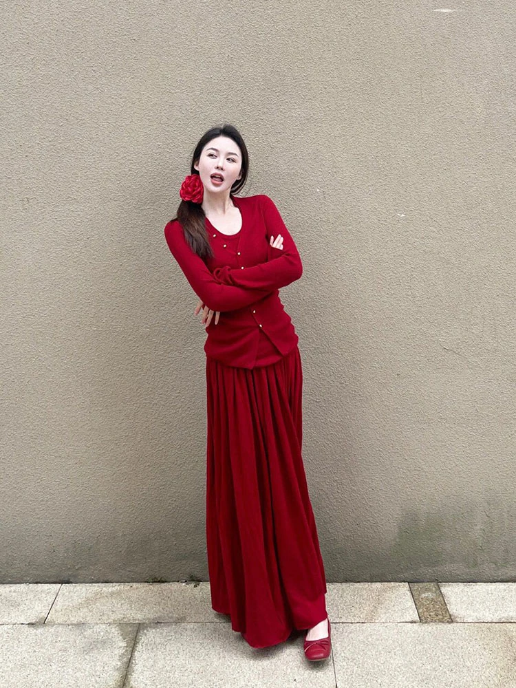 高级感红色长款三件套气质慵懒百搭甜美温柔风2024年新款针织套装