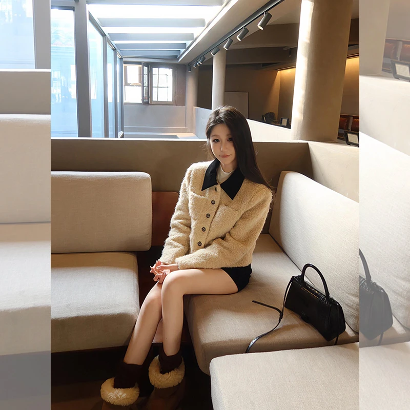 百搭翻领羊羔毛外套短款气质温柔风秋冬季新款减龄气质小众开衫