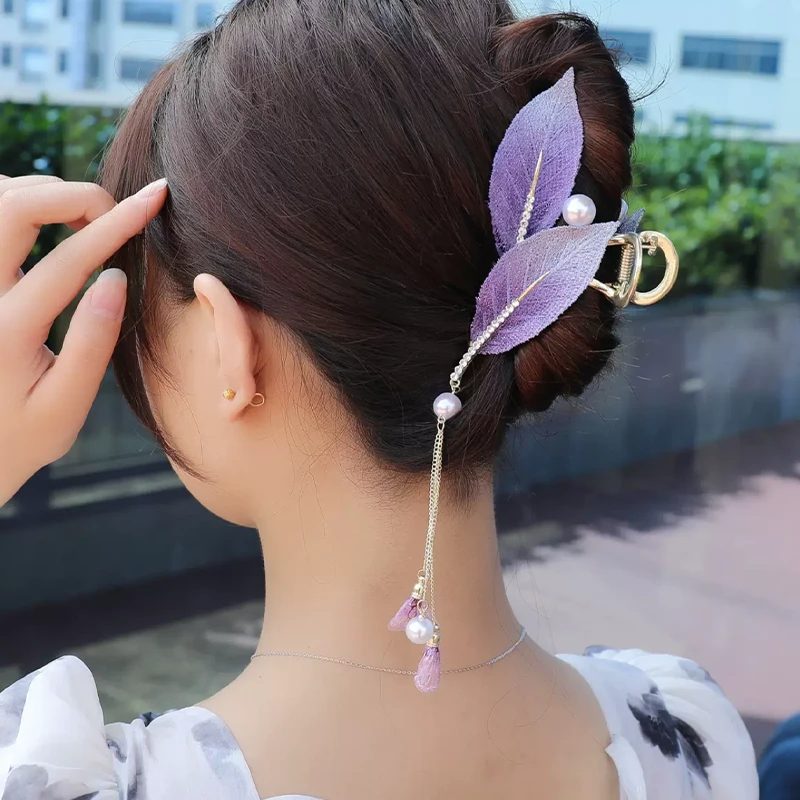 紫色叶子流苏抓夹2026新款后脑勺鲨鱼夹大号古风瘦脸树叶头饰发夹