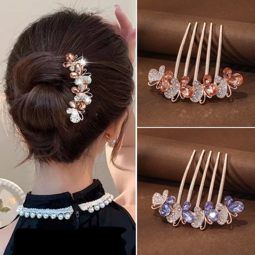 精致水钻蝴蝶盘发插梳发梳高级感发夹后脑勺发卡妈妈款优雅头饰女