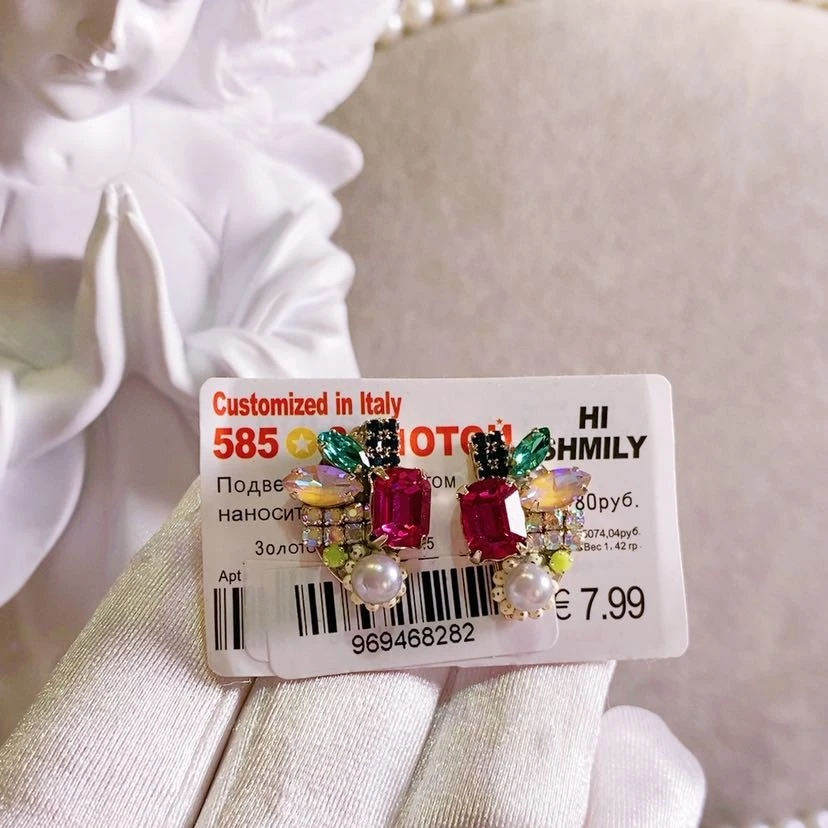 铜合金合成锆石耳饰 2023海外手工镶嵌春款彩色耳钉气质百搭903