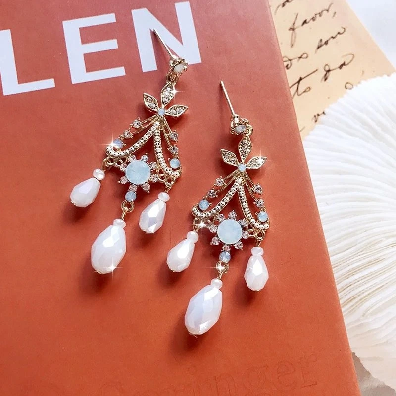 铜合金合成锆石耳饰 【重工系列】1423法式简奢唯美耳环手工气质A