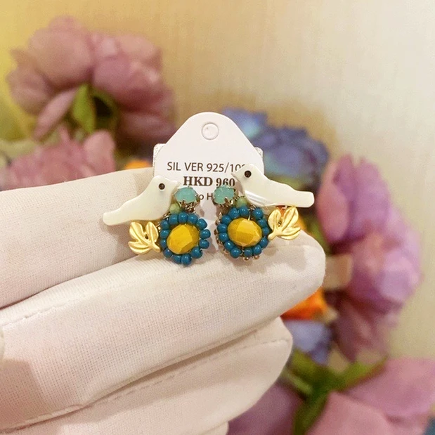 铜合金仿珍珠耳饰 进口手工镶嵌贝贝小鸟鲜艳色MINI耳钉745耳环